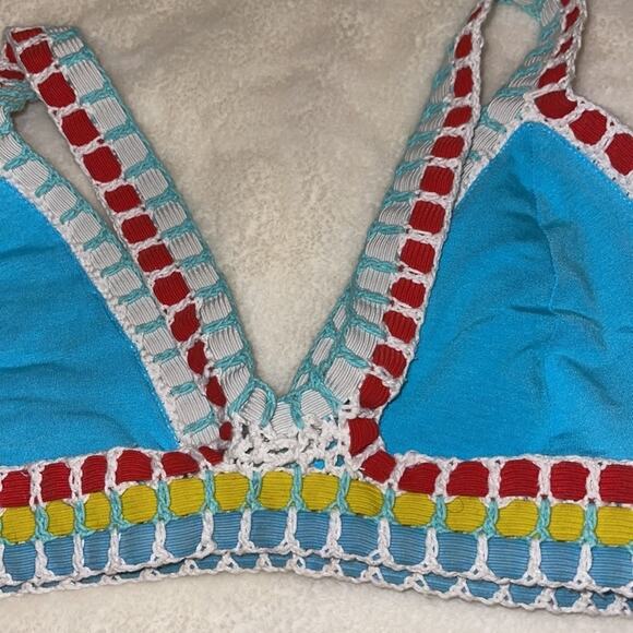 Bali Chic Crochet Boho Knit Blue Pull on Swimsuit Top XL - Picture 4 of 6